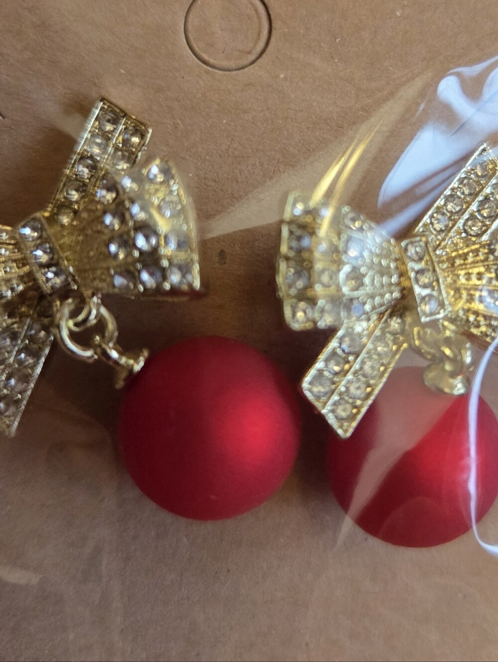 Gold Bow Drop Earrings with Red Matte Ornament